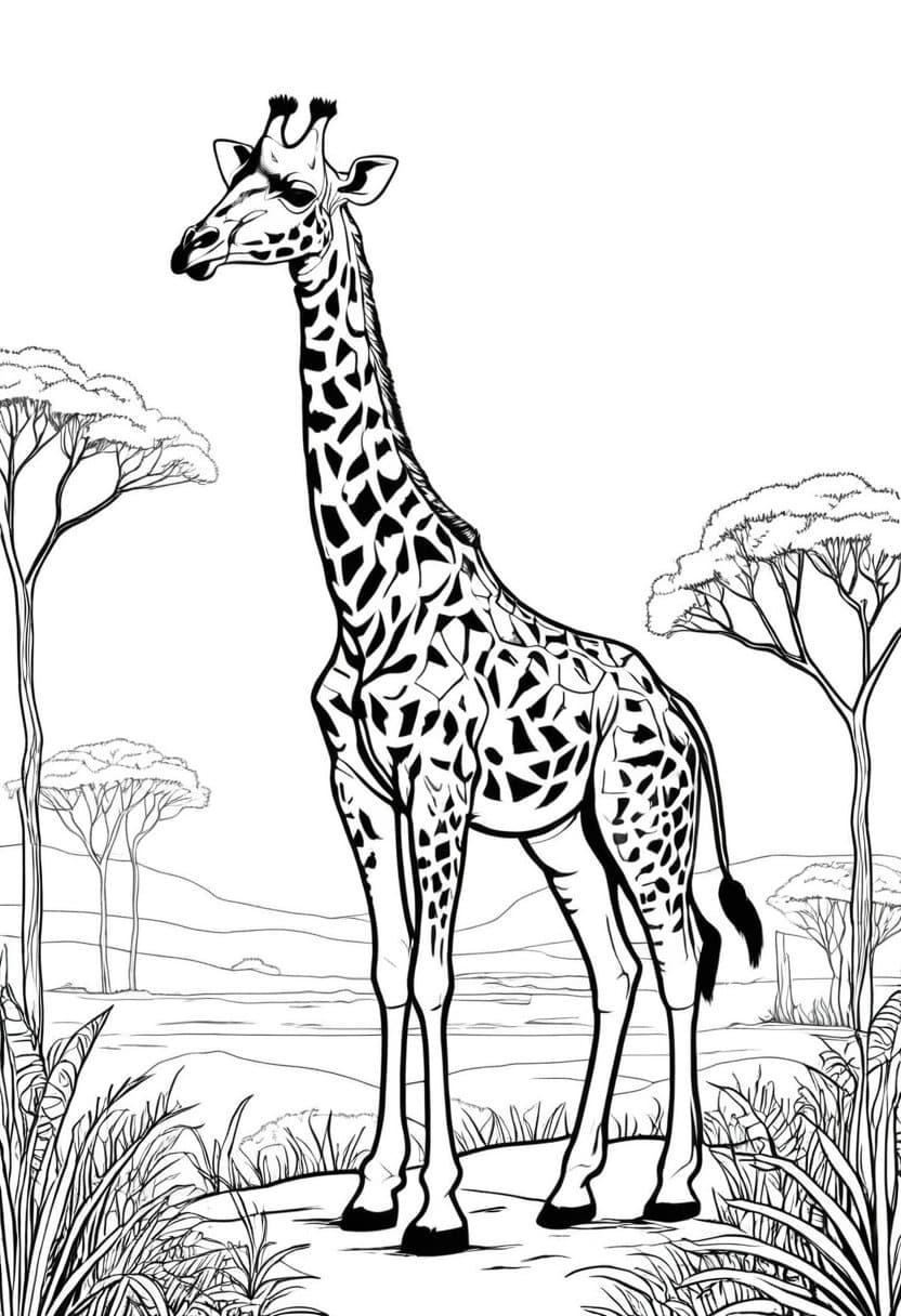 Giraffe in Nature — free printable coloring page to download and print