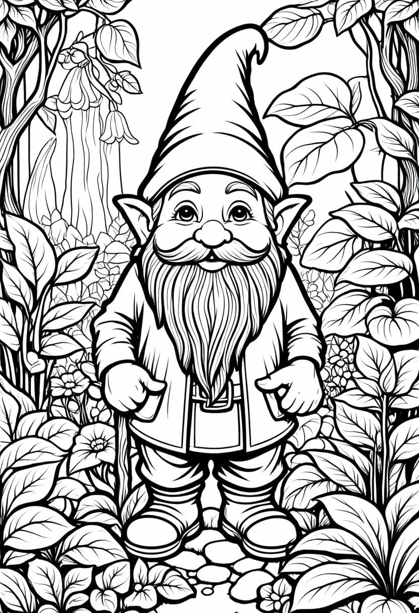 Gnome Garden Adventure — free printable coloring page to download and print