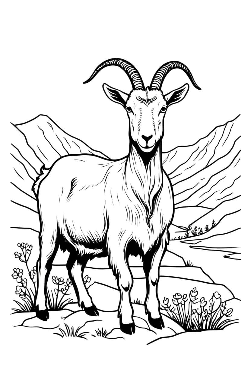 Goat in the Mountains — free printable coloring page to download and print