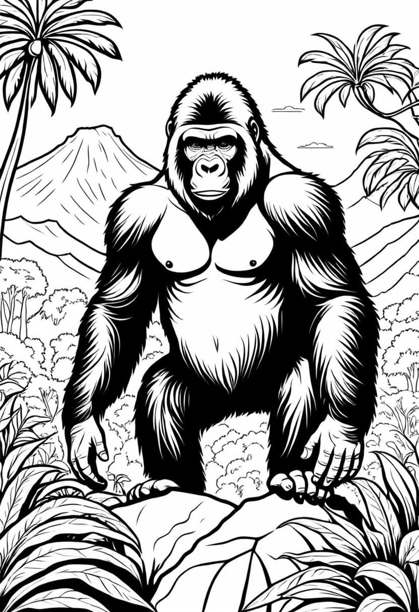 Gorilla in Jungle — free printable coloring page to download and print