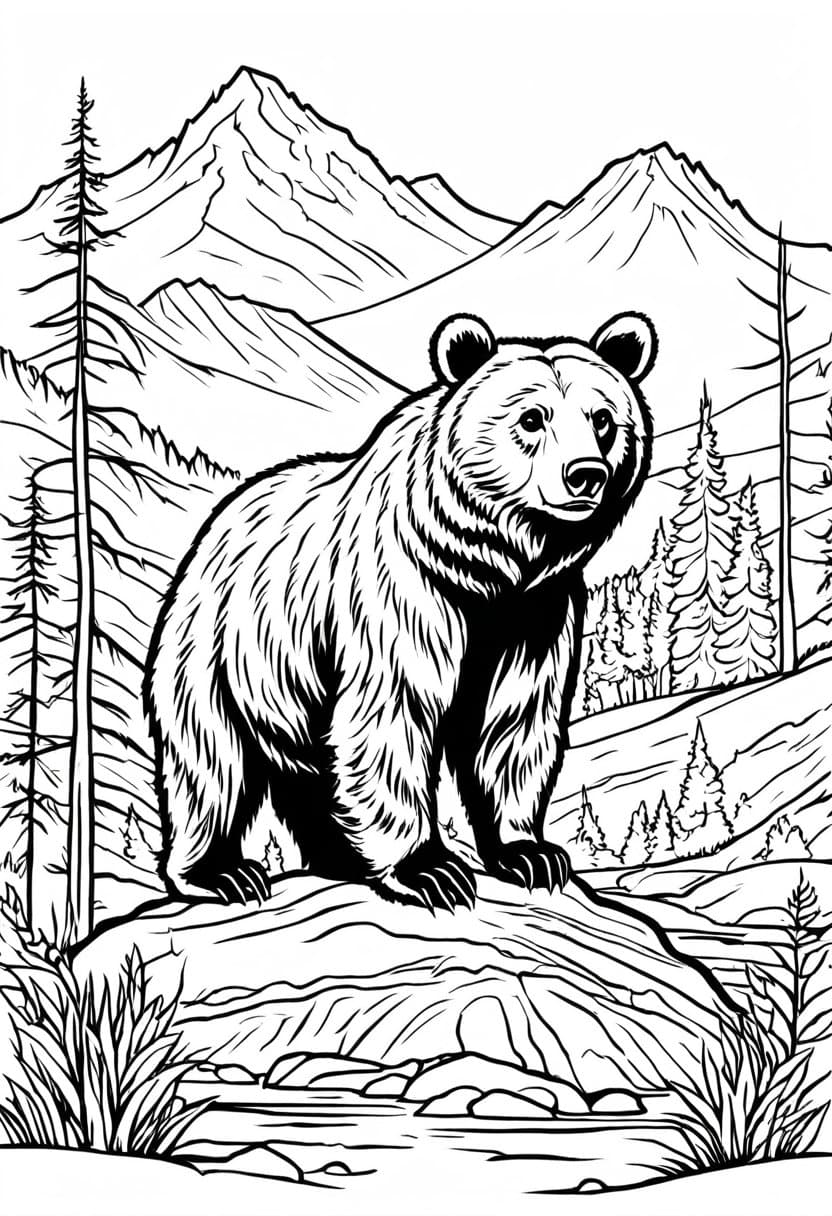 Grizzly Bear in the Wild — free printable coloring page to download and print