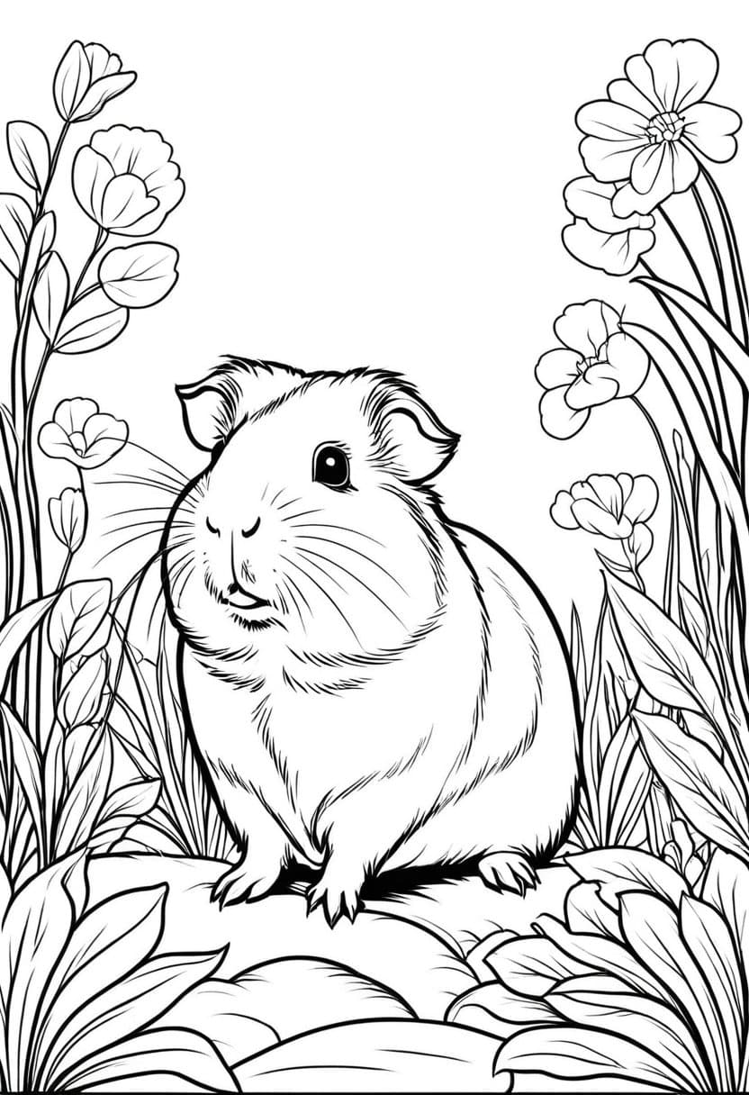 Guinea Pig in Flowers — free printable coloring page to download and print