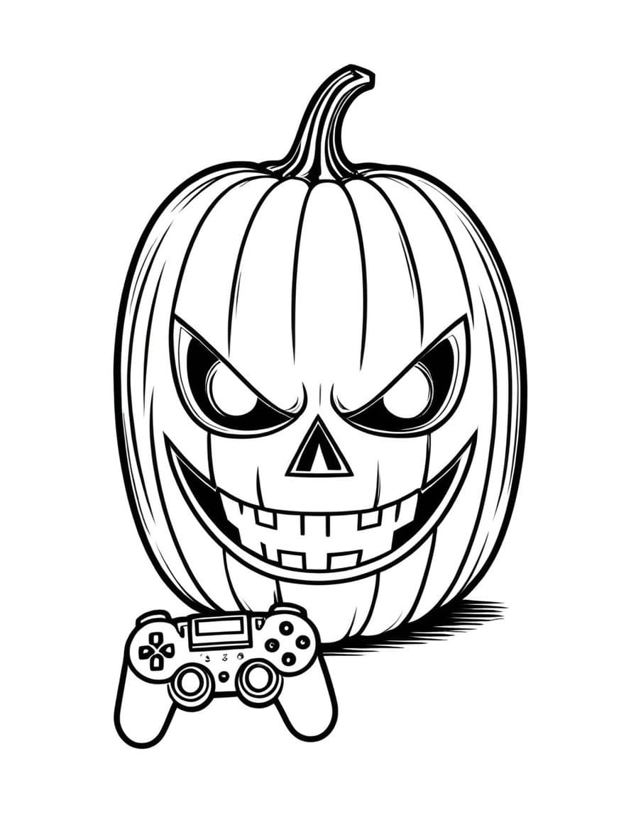 Halloween Pumpkin Gaming Skull — free printable coloring page to download and print