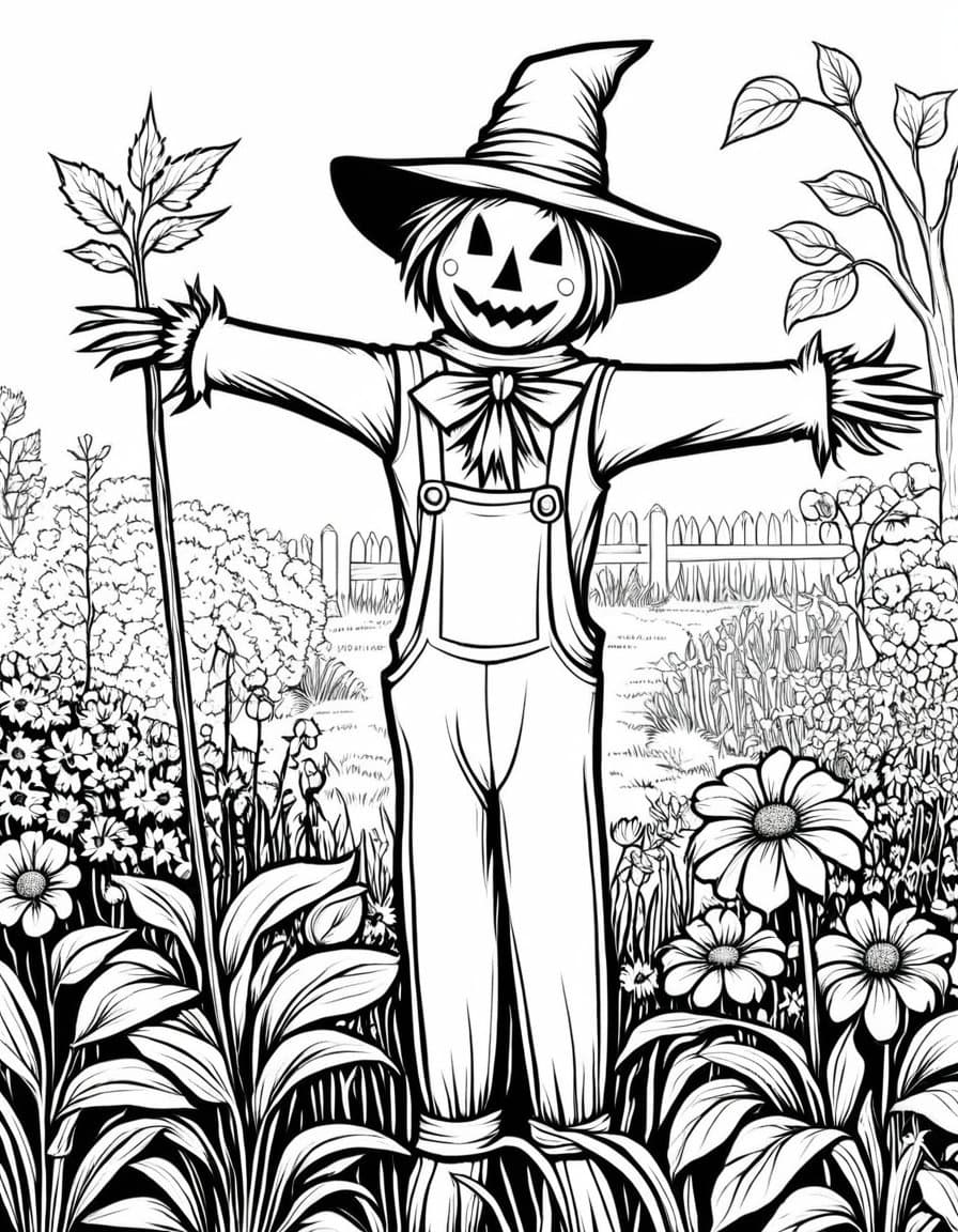 Halloween Scarecrow Welcome — free printable coloring page to download and print