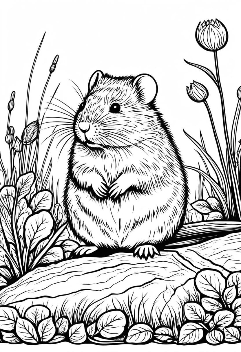 Happy Hamster in Meadow — free printable coloring page to download and print