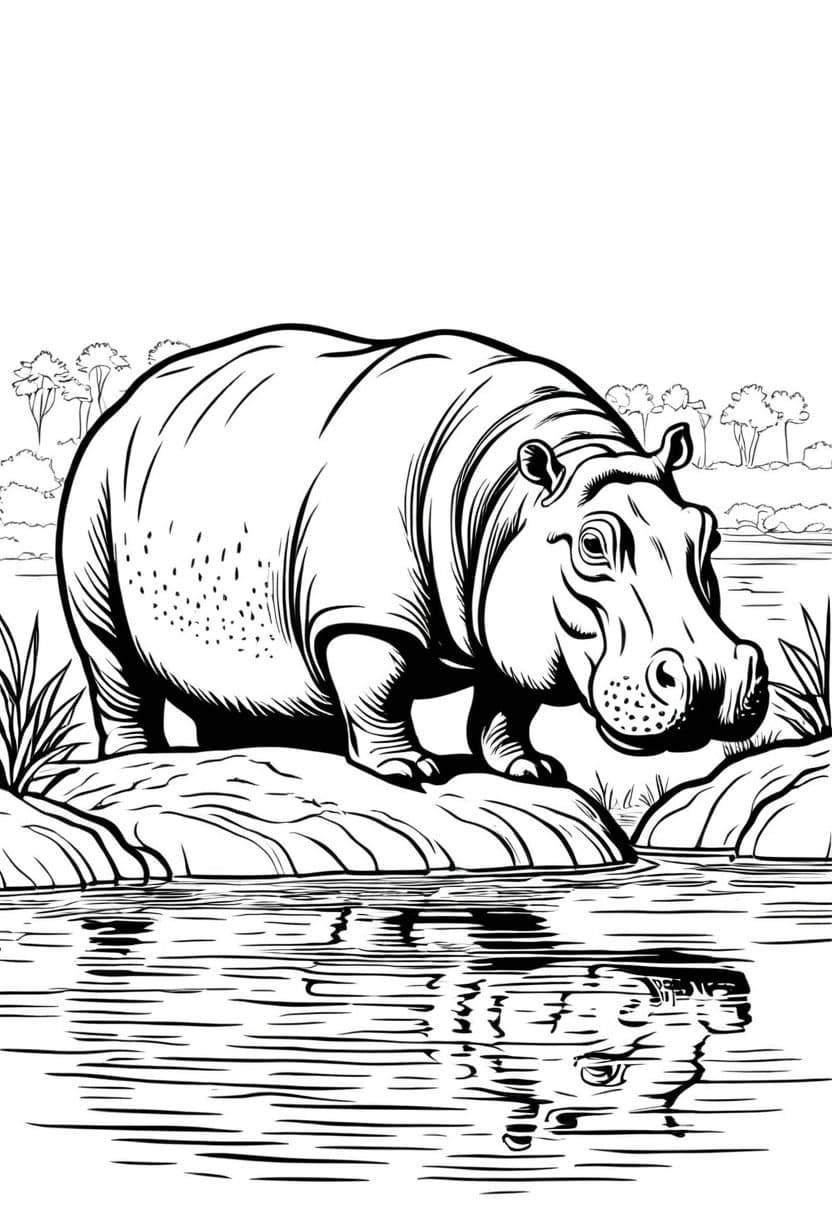 Hippopotamus in Water — free printable coloring page to download and print
