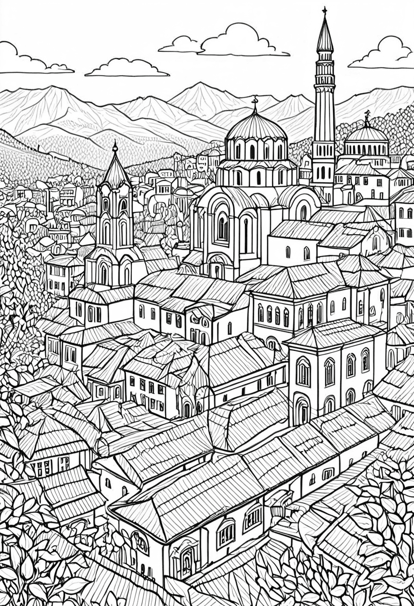 Historic Townscape — free printable coloring page to download and print
