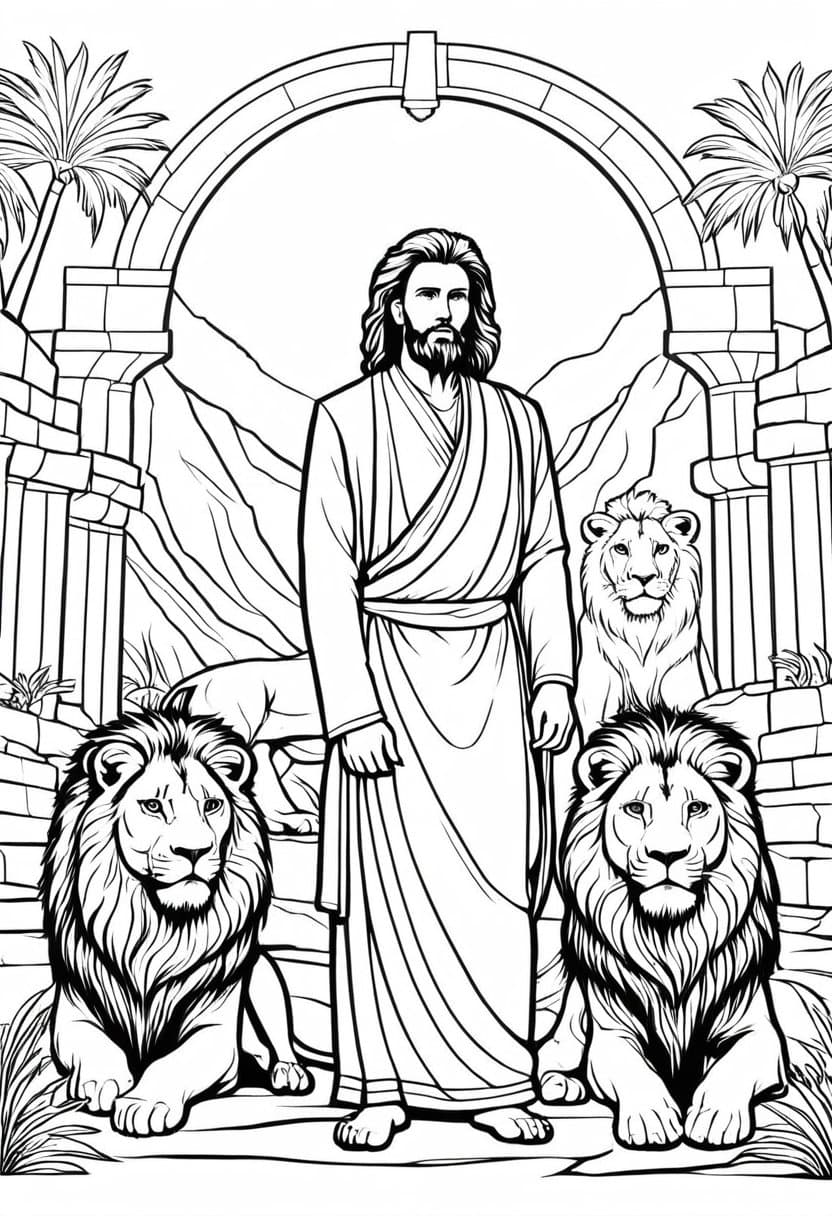 Jesus with Lion — free printable coloring page to download and print