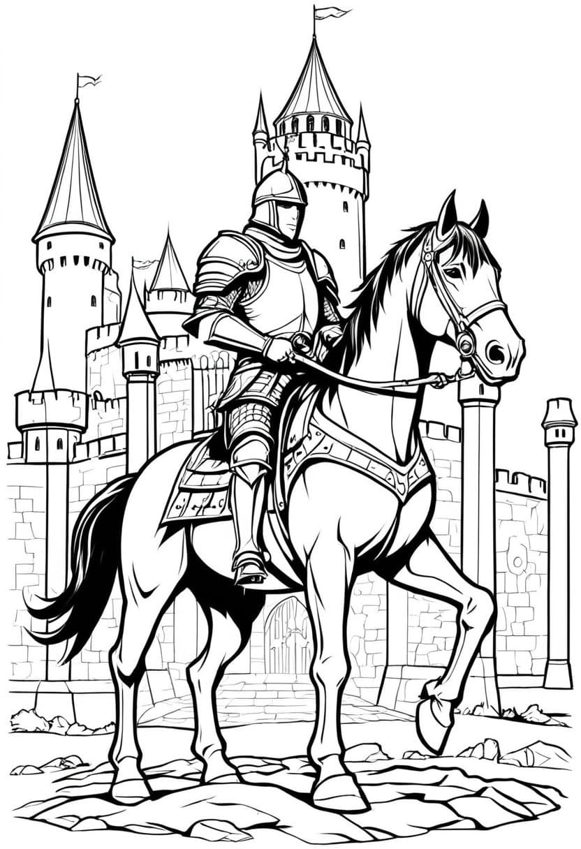 Knight at Castle Gates — free printable coloring page to download and print