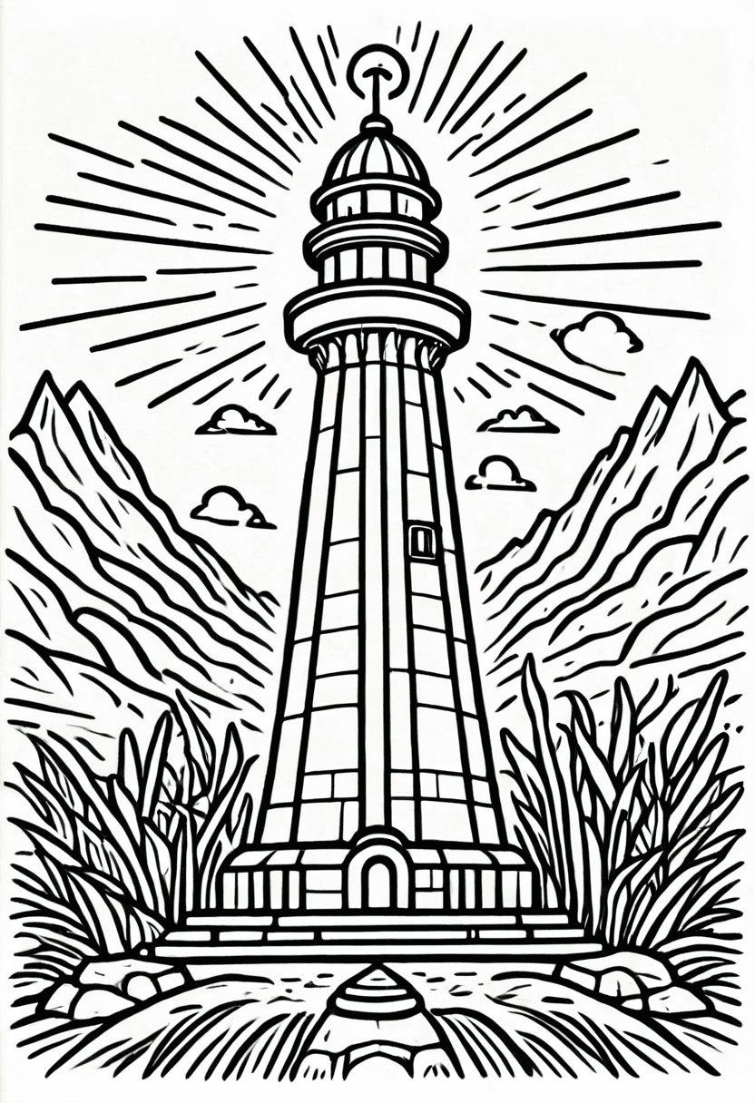 Lighthouse by Mountains — free printable coloring page to download and print