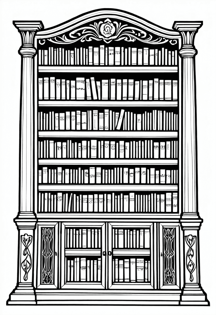 Luxurious Library Shelf — free printable coloring page to download and print