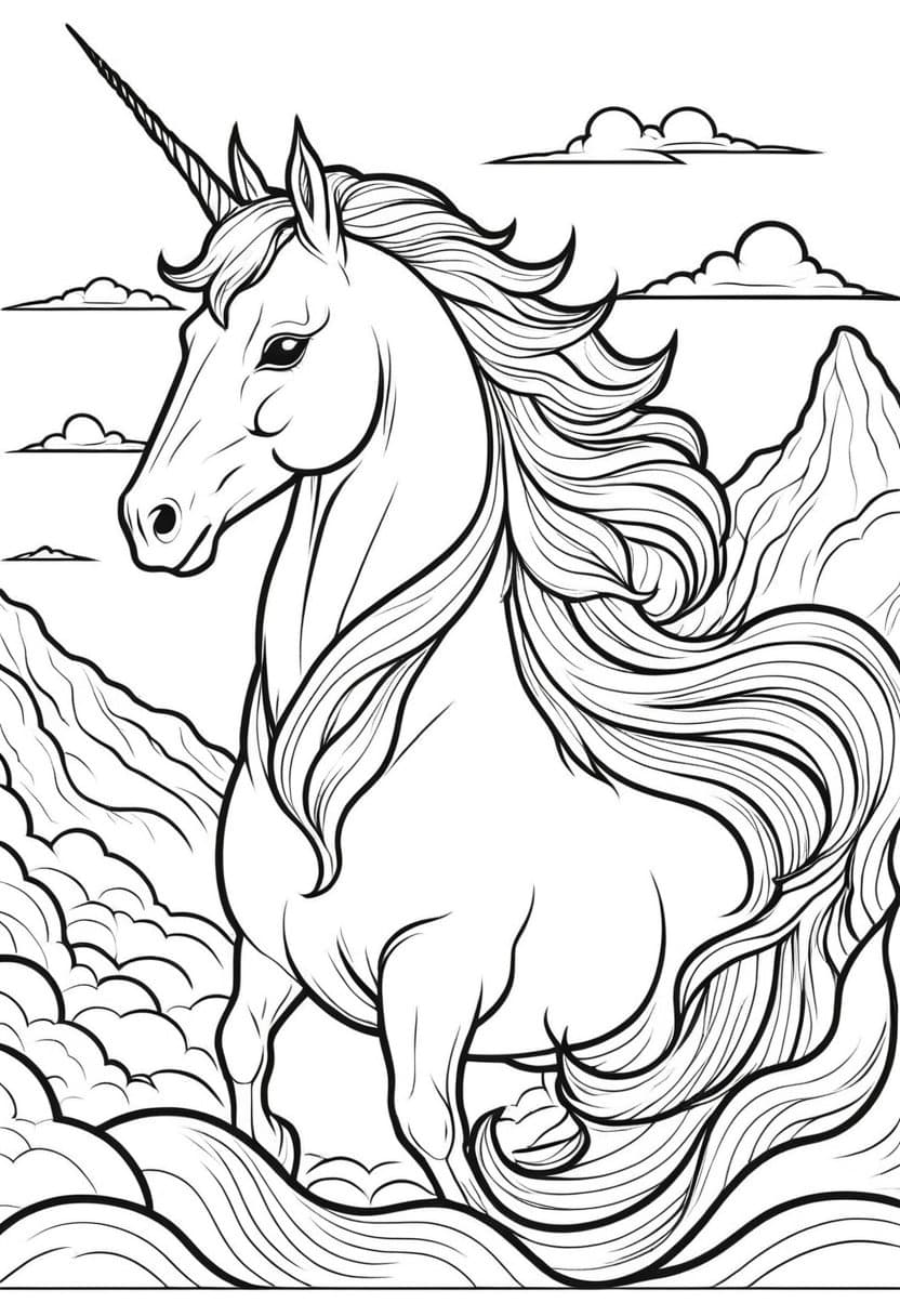 Magical Mountain Unicorn — free printable coloring page to download and print