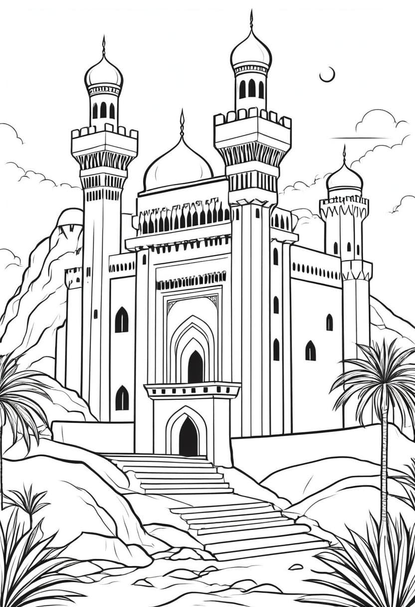 Majestic Middle Eastern Castle — free printable coloring page to download and print