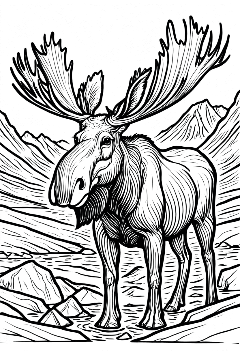 Majestic Moose in Mountains — free printable coloring page to download and print