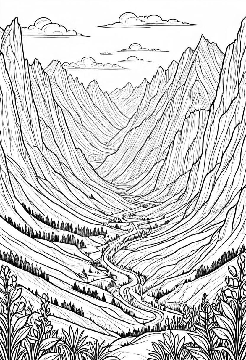 Majestic Mountain Pass — free printable coloring page to download and print