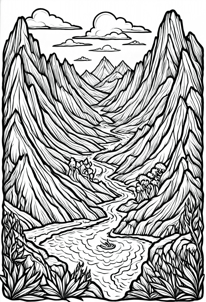 Majestic Mountains and River — free printable coloring page to download and print