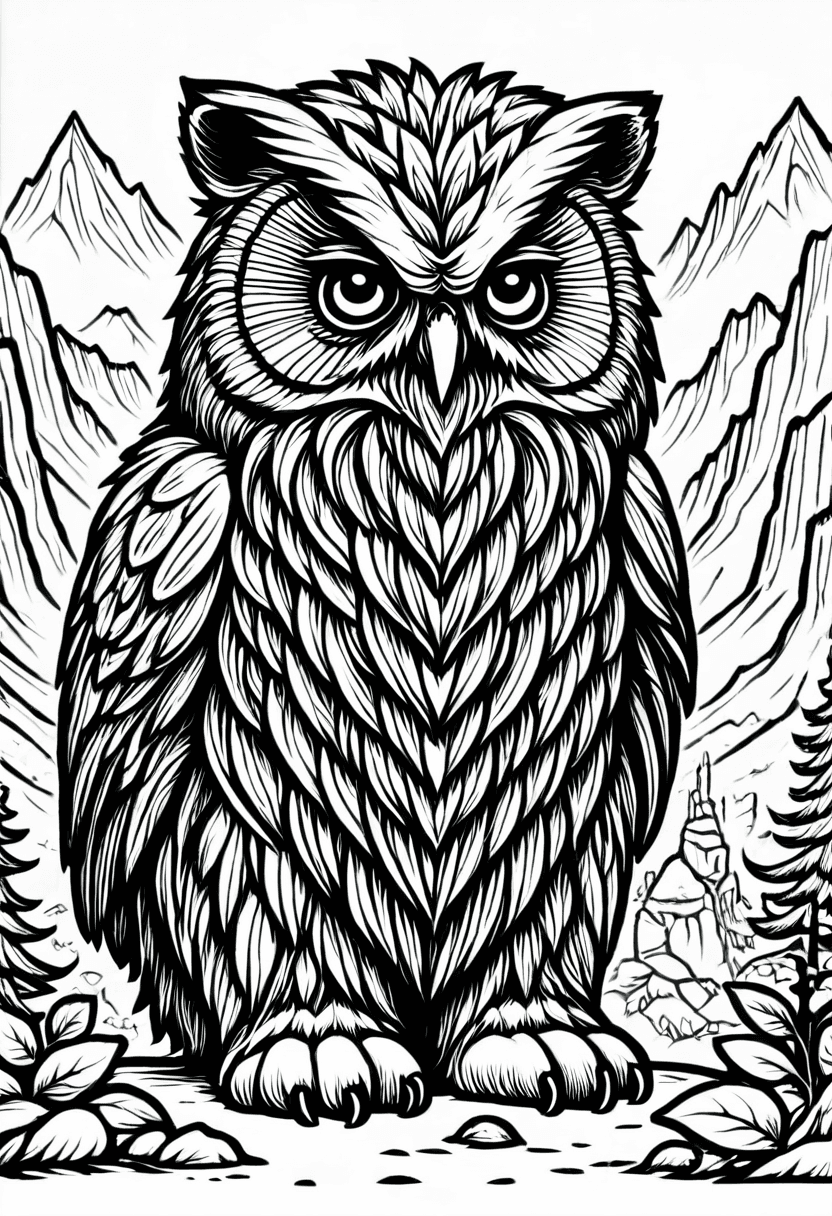 Majestic Owl in Mountains — free printable coloring page to download and print