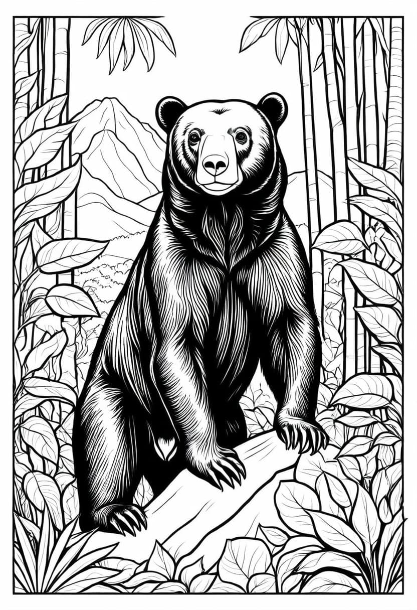 Majestic Sun Bear in Wilderness — free printable coloring page to download and print