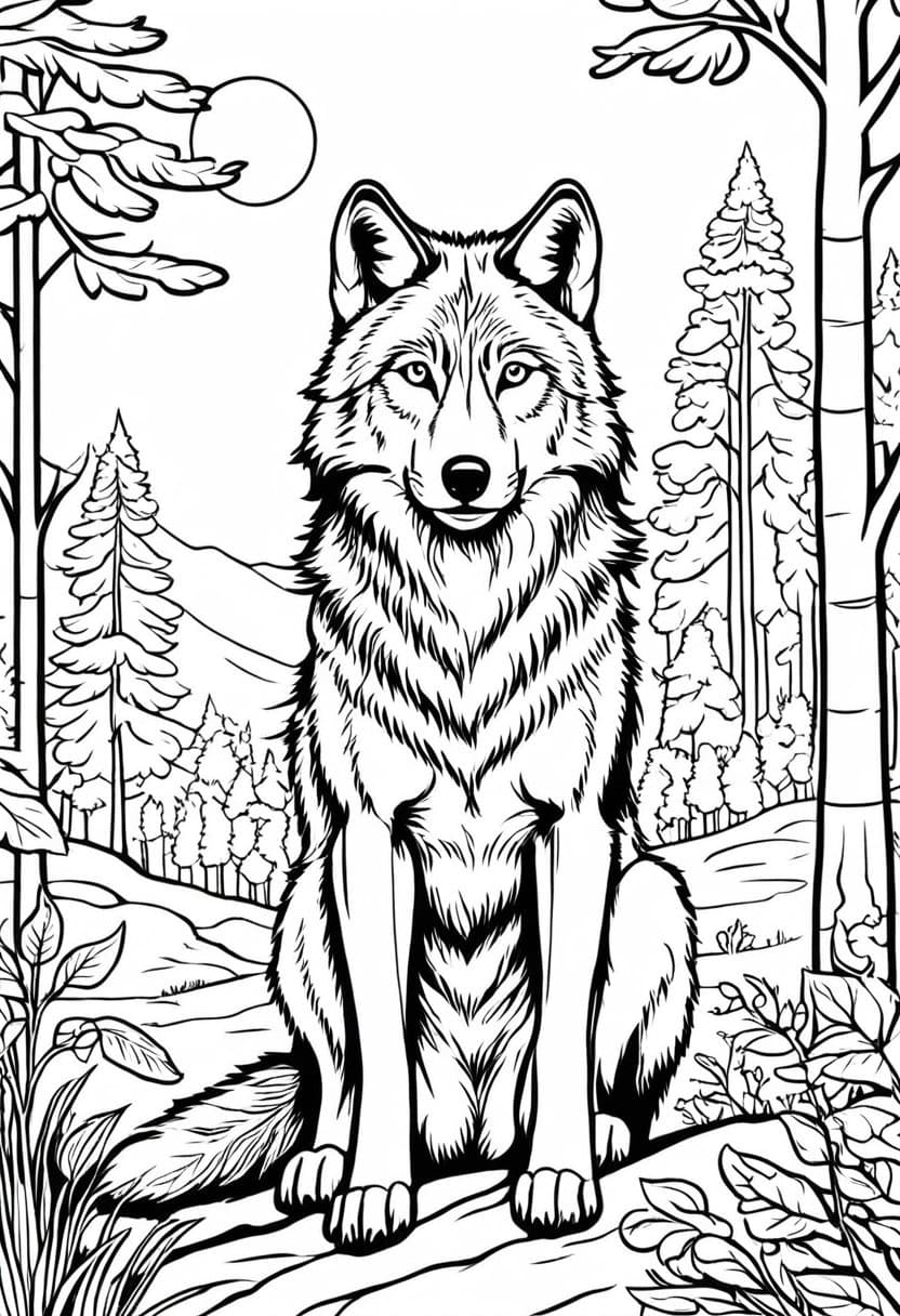 Majestic Wolf in Forest — free printable coloring page to download and print