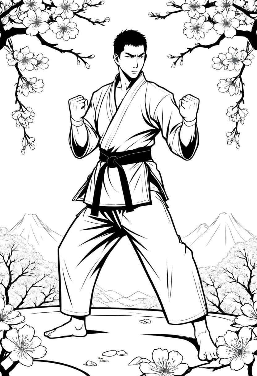 Martial Arts Master in Battle Pose — free printable coloring page to download and print