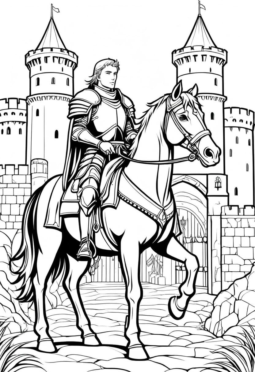 Medieval Knight on Horseback — free printable coloring page to download and print