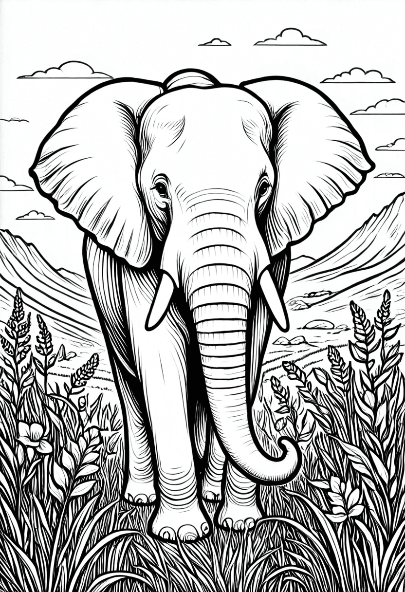 Meet the Adventurous Elephant — free printable coloring page to download and print