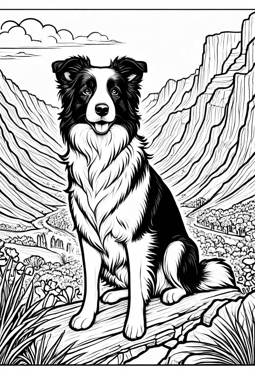 Mountain Collie in Wild Landscape — free printable coloring page to download and print