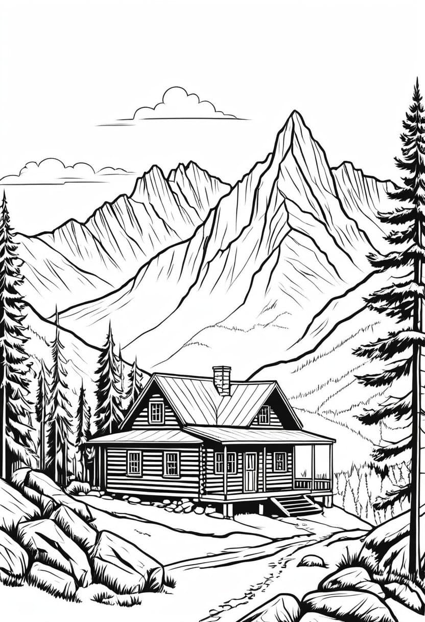 Mountain Cabin Escape — free printable coloring page to download and print