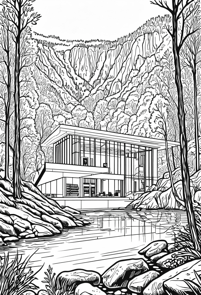 Mountain Lodge Retreat — free printable coloring page to download and print