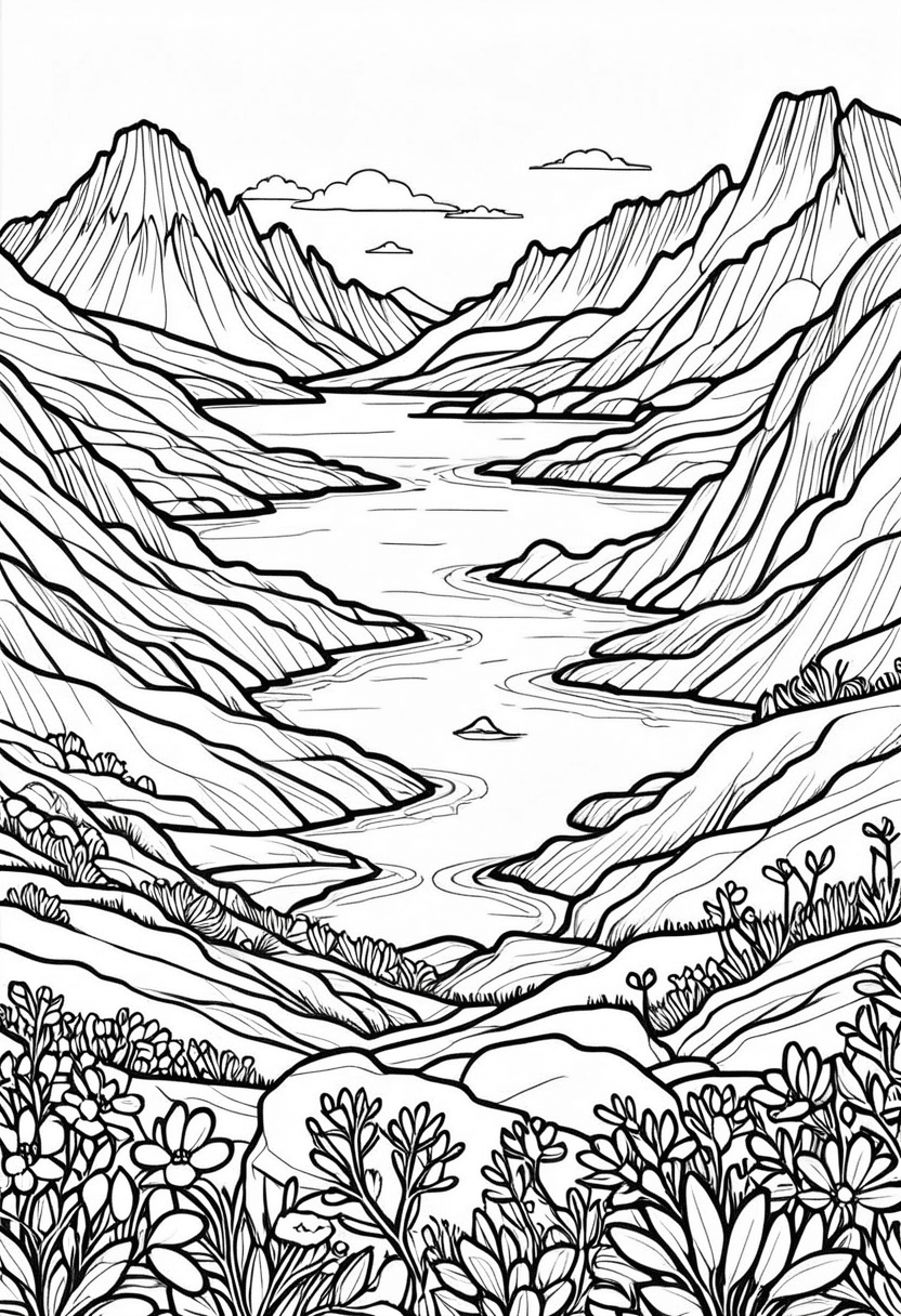 Mountain Stream — free printable coloring page to download and print