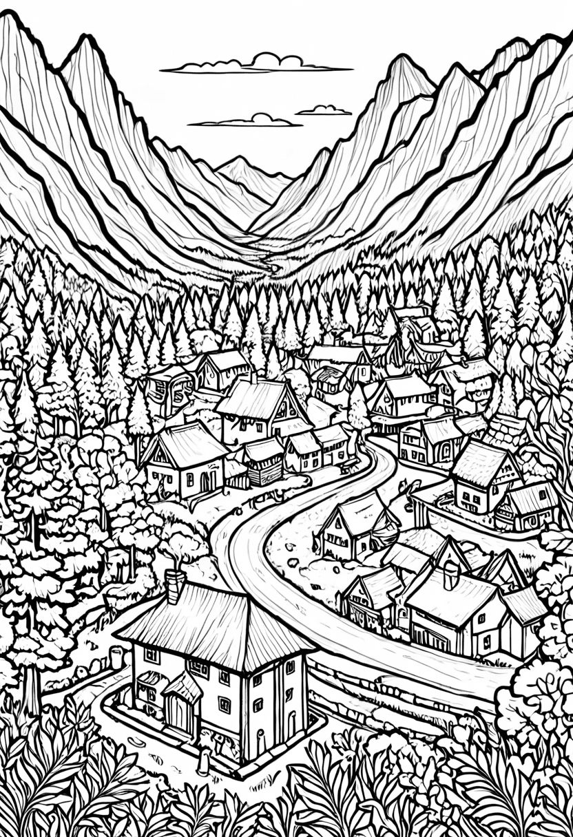 Mountain Village — free printable coloring page to download and print