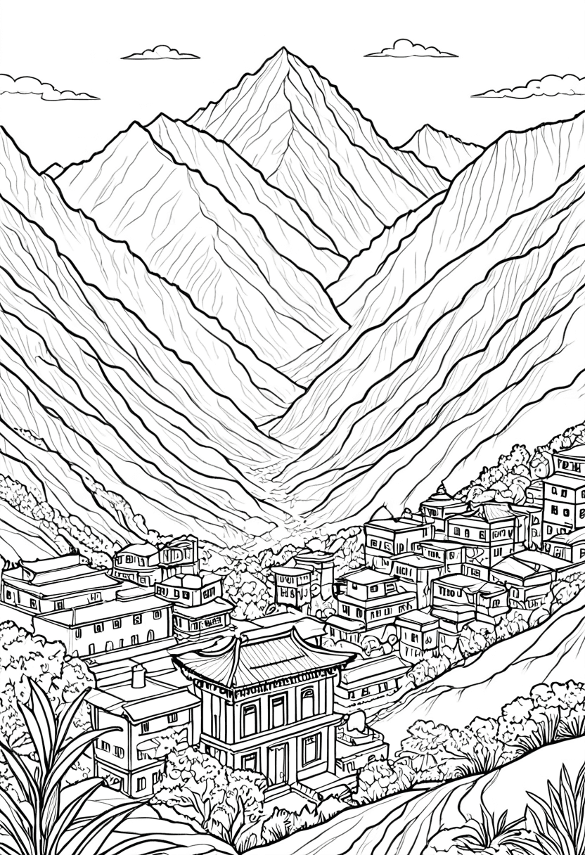 Mountain Village Escape — free printable coloring page to download and print