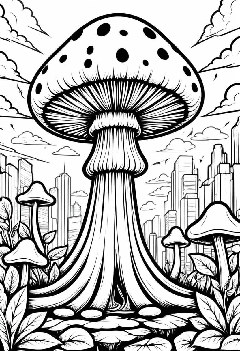 Mushroom Metropolis — free printable coloring page to download and print