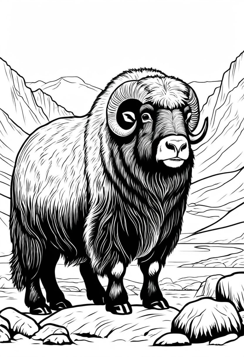 Musk Ox in Wild — free printable coloring page to download and print