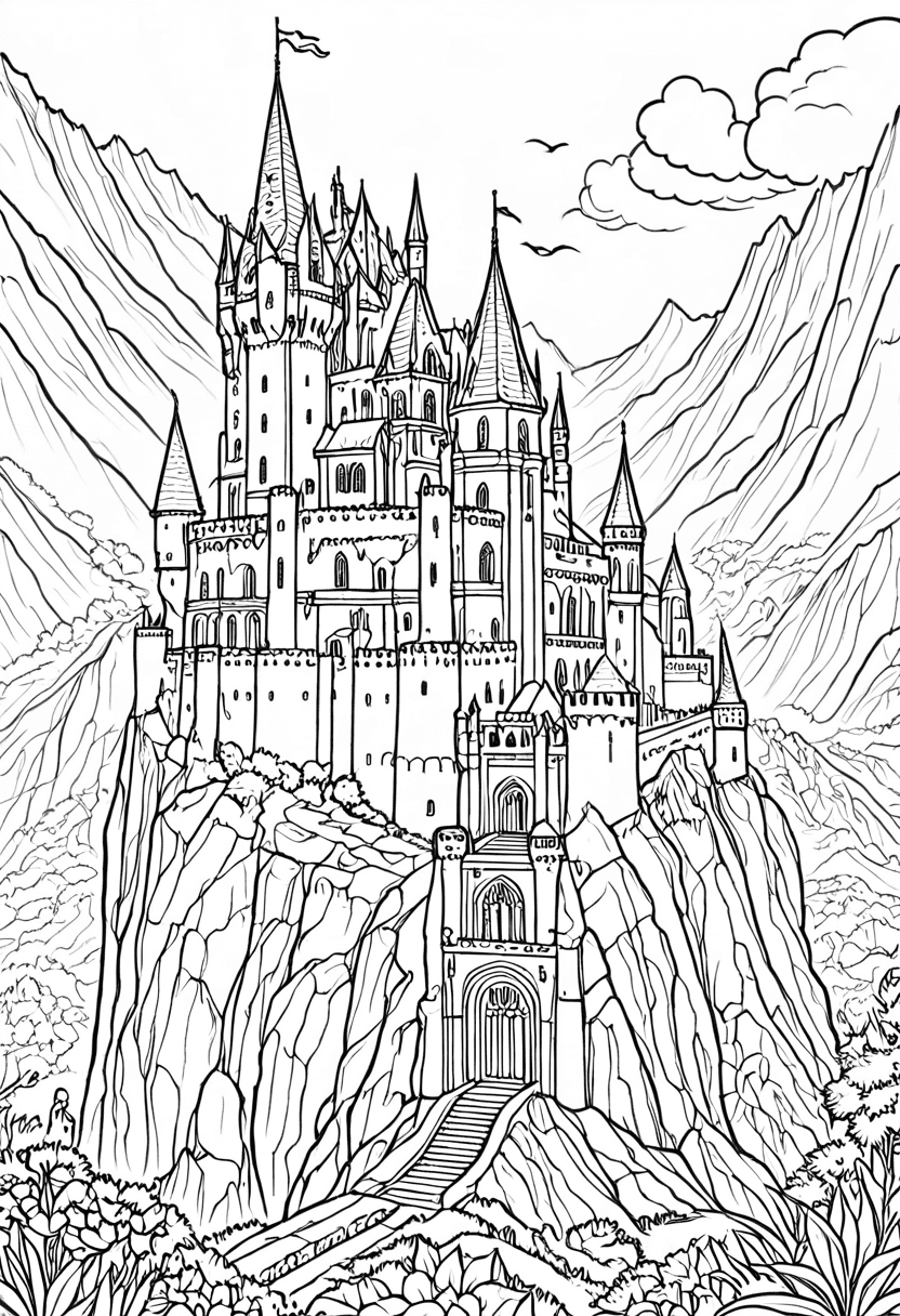 Mystical Castle on the Mountain — free printable coloring page to download and print