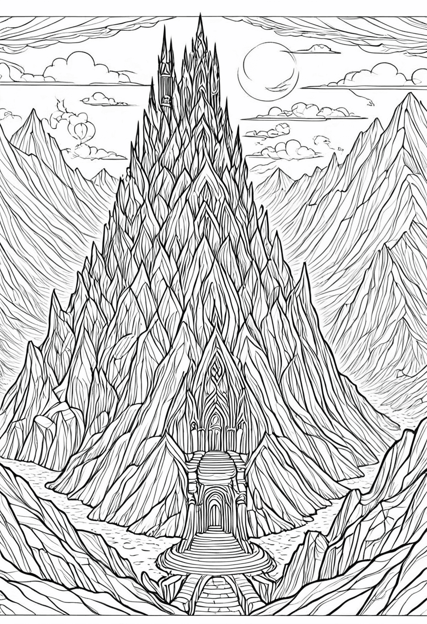 Mystical Mountain Kingdom — free printable coloring page to download and print