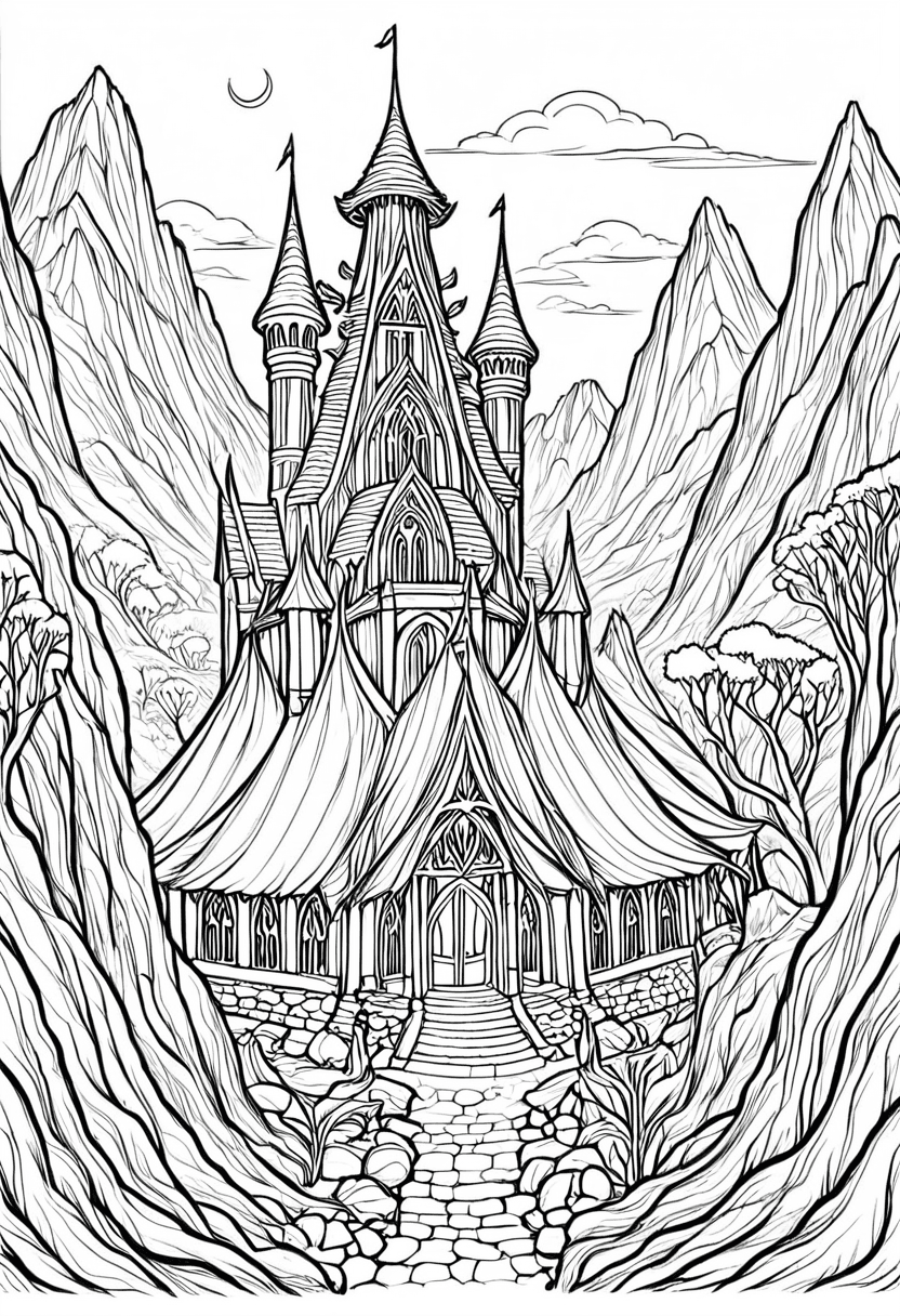 Mystical Mountain Retreat — free printable coloring page to download and print