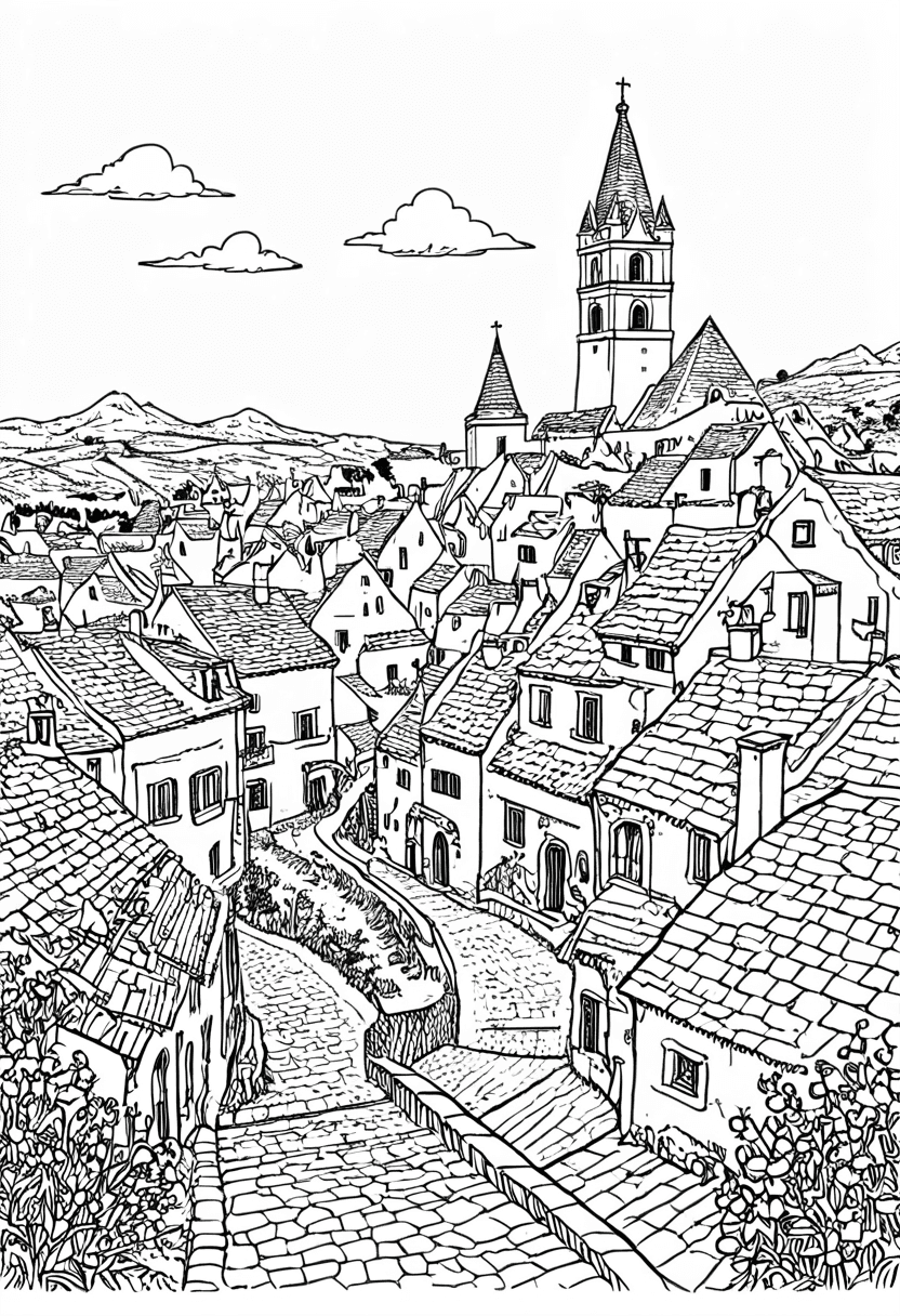 Mystical Mountain Village — free printable coloring page to download and print