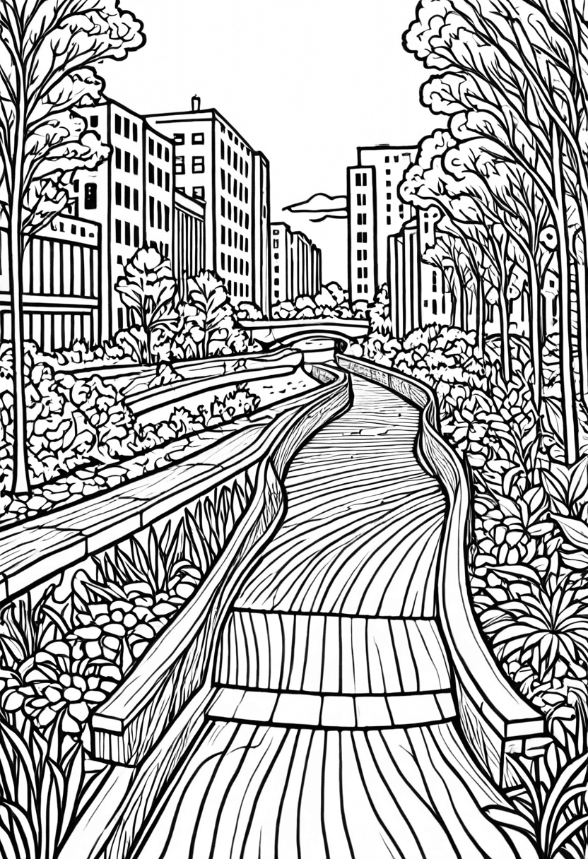 Natures Path through Cityscape — free printable coloring page to download and print