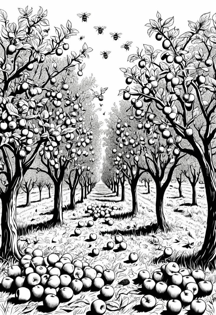 Orchard Harvest — free printable coloring page to download and print