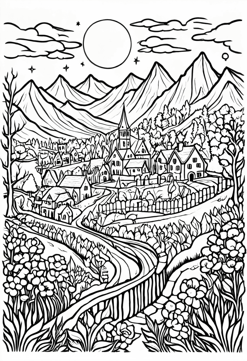 Peaceful Village — free printable coloring page to download and print