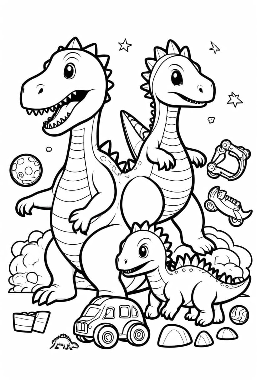 Playful Dinosaur Pals — free printable coloring page to download and print