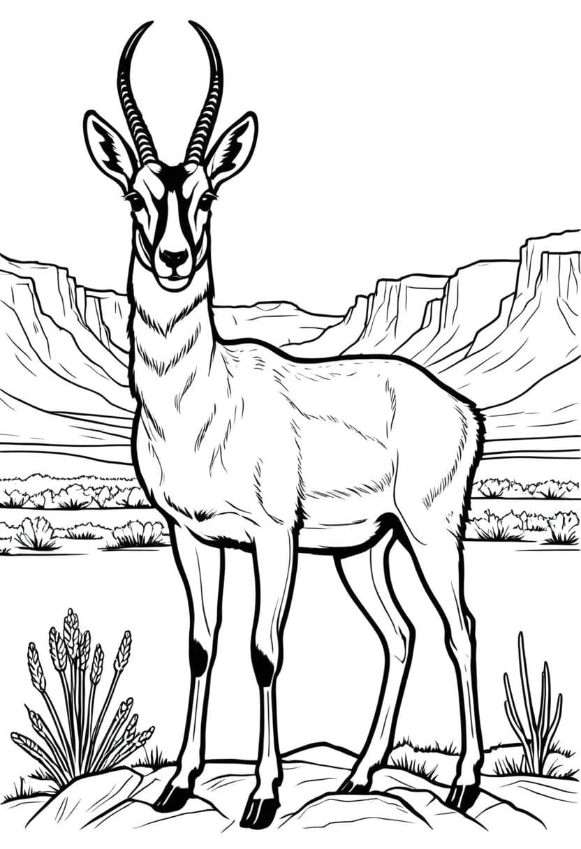 Pronghorn in the Desert — free printable coloring page to download and print