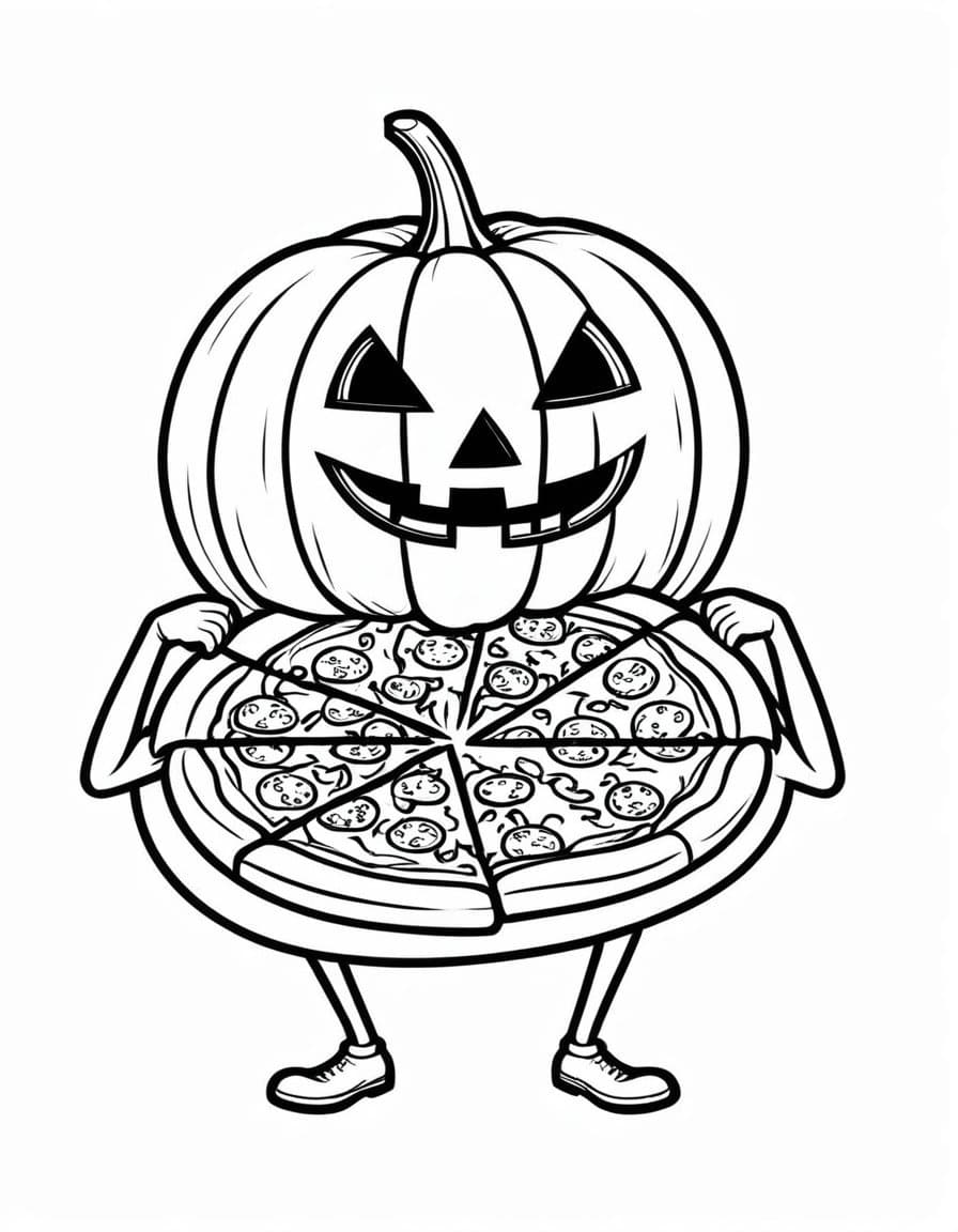Pumpkin Pizza Party — free printable coloring page to download and print