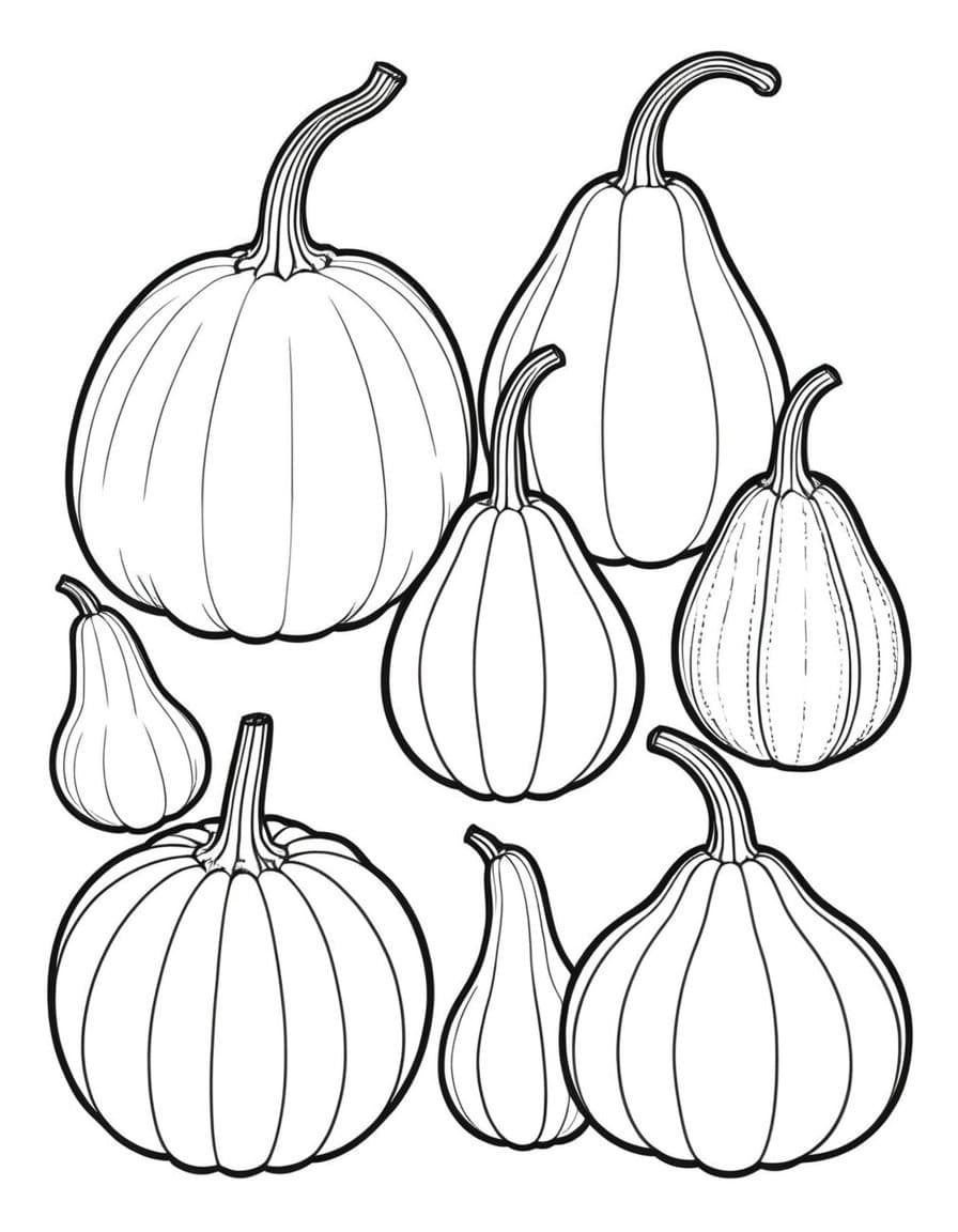 Pumpkin and Gourd Collection — free printable coloring page to download and print