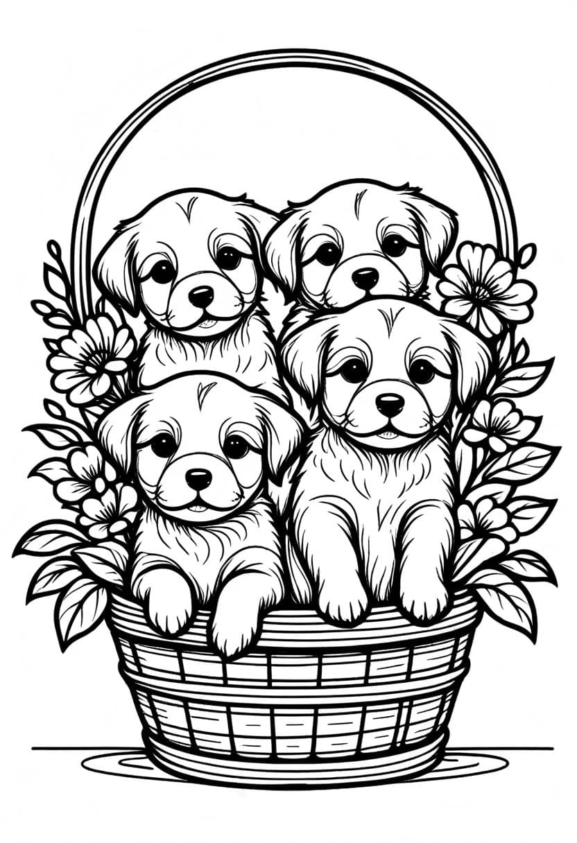 Puppy Basket — free printable coloring page to download and print