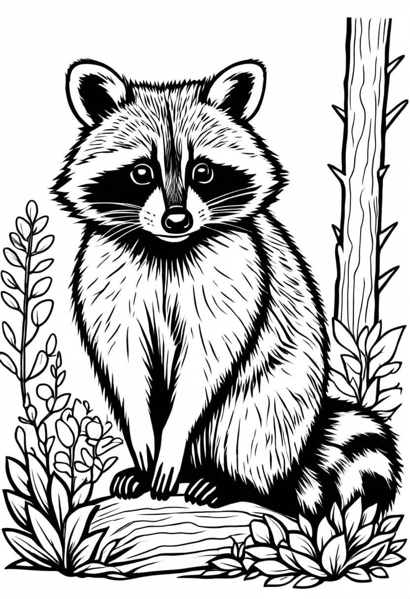 Raccoon in Nature — free printable coloring page to download and print