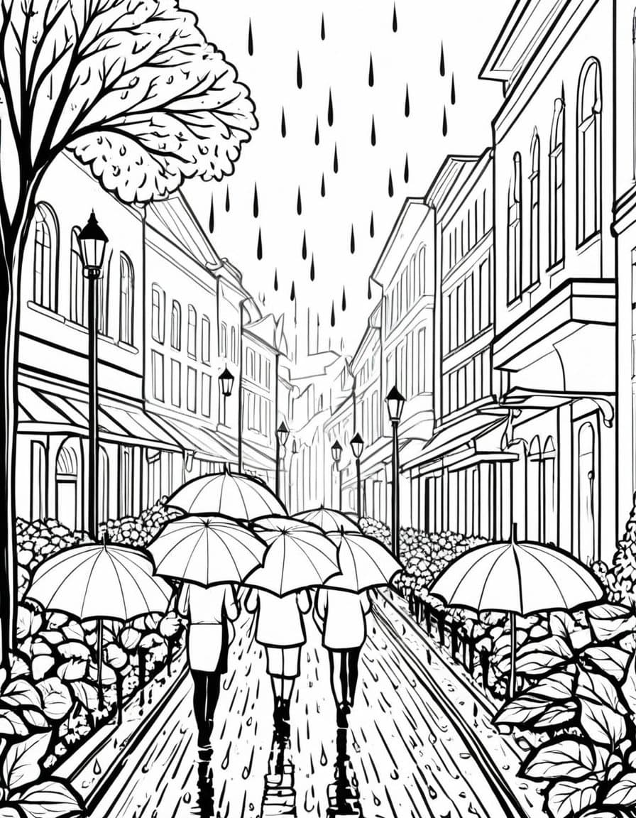 Rainy Autumn City Stroll — free printable coloring page to download and print