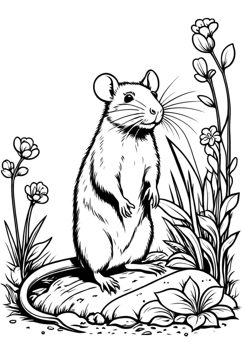 Rat in a Garden — free printable coloring page to download and print