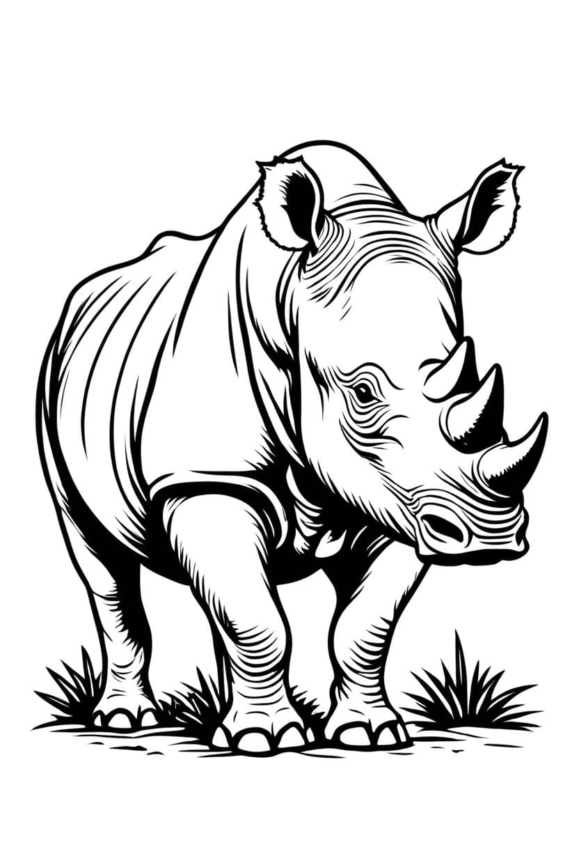 Rhino Walking in Nature — free printable coloring page to download and print